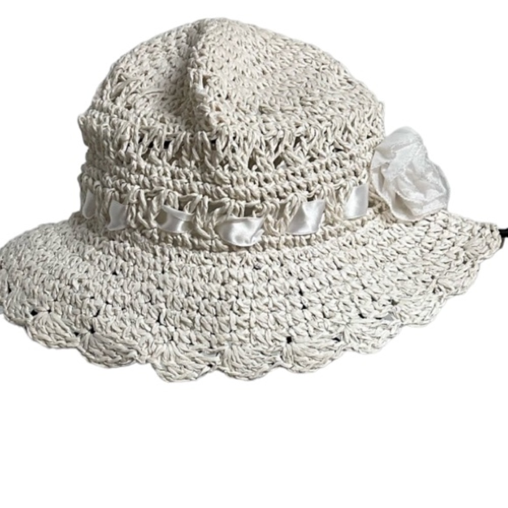 NEW Cream Crochet Hat With Flower | Silk Ribbon Size O/S Fits Most NWOT - Picture 2 of 7